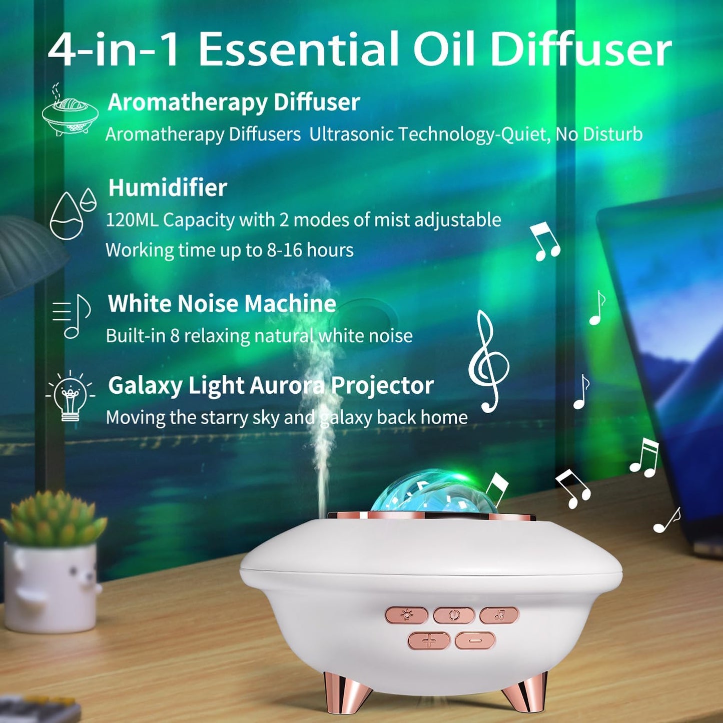 Lotalot Essential Oil Aromatherapy Diffuser White Noise Star Projector,8 Colors Ultrasonic Cool Mist Humidifier Scent Diffuser,Waterless Auto Shut-Off,2 Mist Modes for Home Hotel Office 120 ML-White